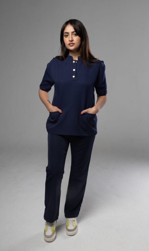Half collar Scrub With button - Navy - Image 3