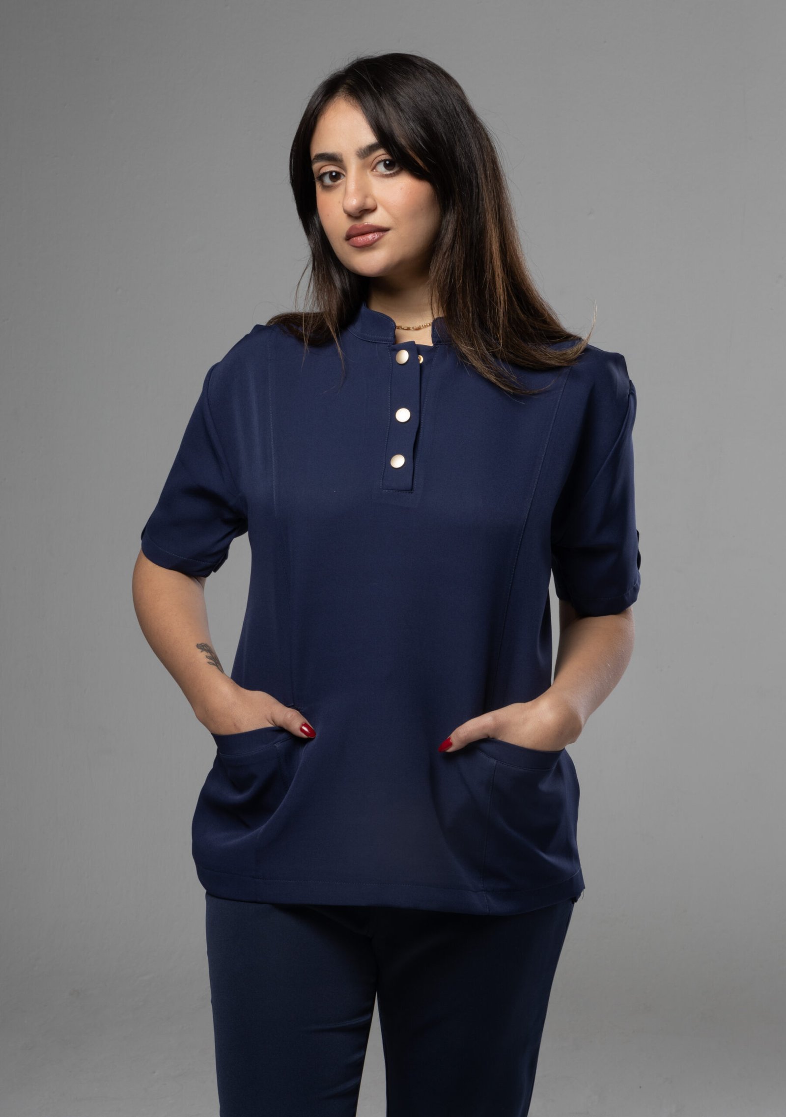 Half collar Scrub With button - Navy